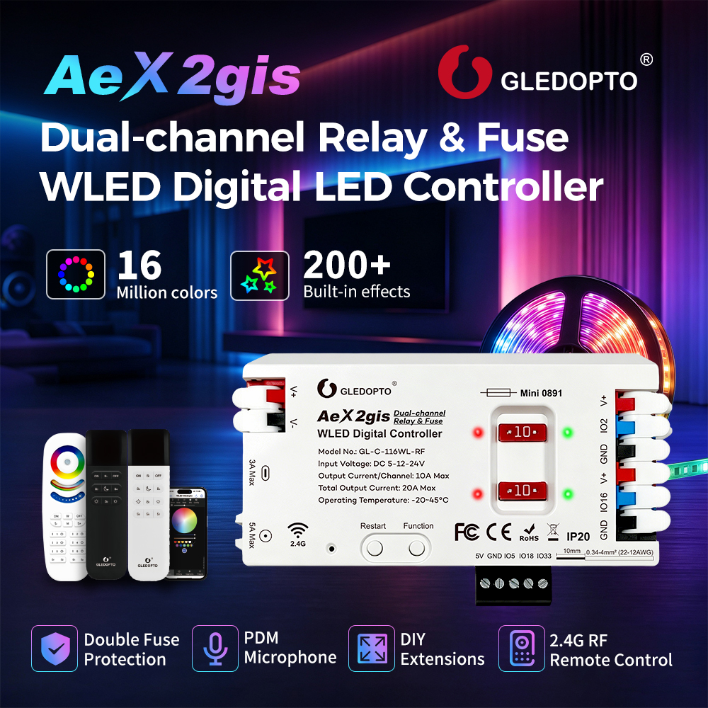 Dual Channel Controller (GL-C-116WL-RF)AeX2gis Dual-channel Relay&Fuse WLED Controller - Gledopto